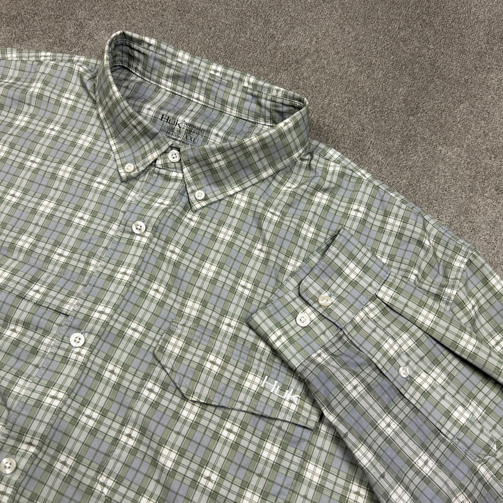 Huk Fishing Shirt Mens 2XL Roll Tab Green Plaid Button Down Vented Stretch